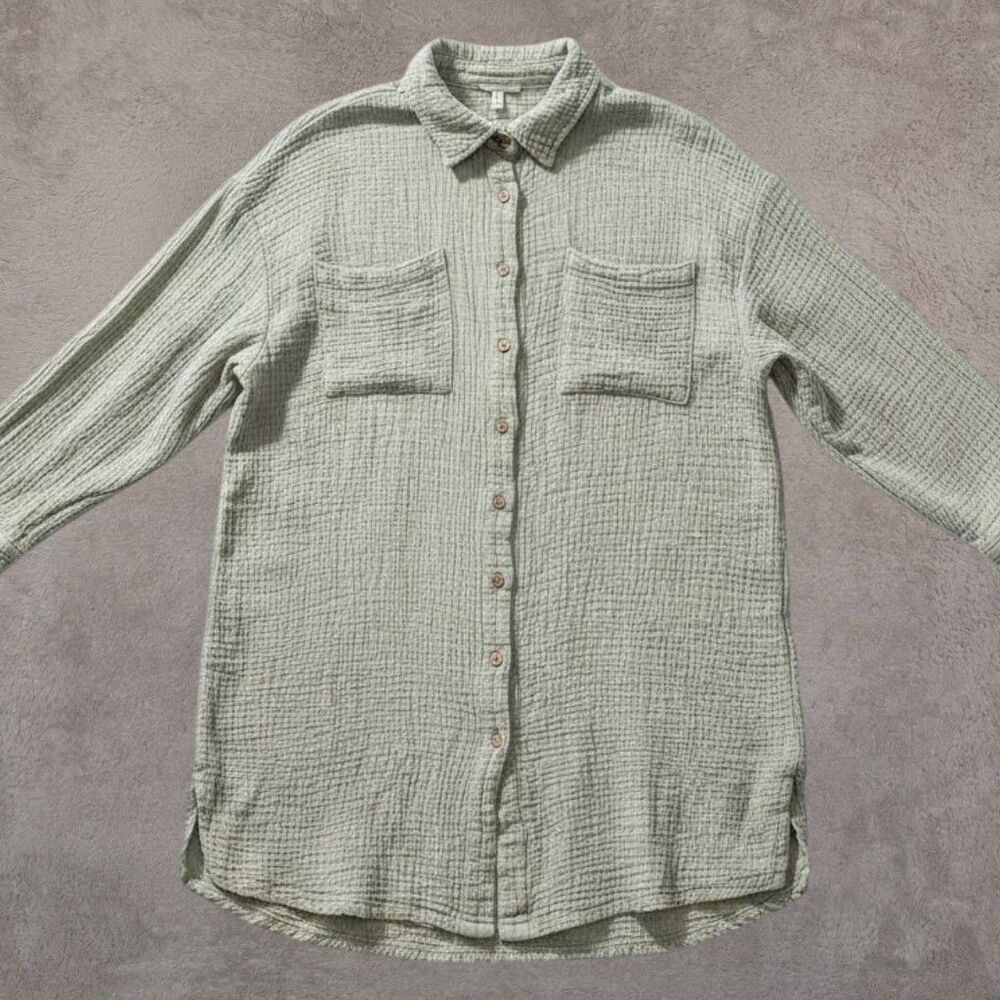 Easel Oversized Crinkle Gauze Button Shirt Celery Green Sz M